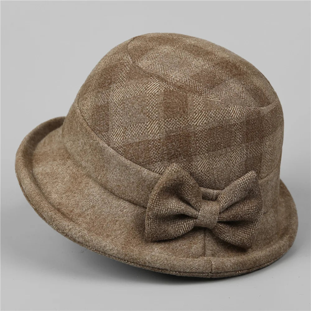 Elegante Schleife Herbst Winter verdickter karierter Fischerhut für Frauen mittleren Alters Mutter Oma