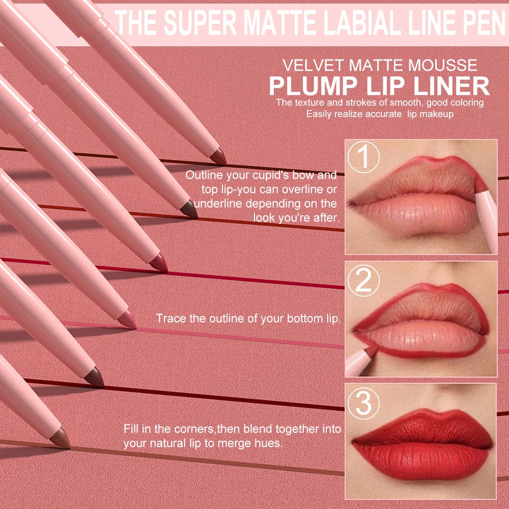 6-teiliges Lipliner-Stift-Set, langlebig, wasserdicht, schweißfest, einfaches Färben, lichtecht, Farbwiedergabe, Lipgloss-Set, Schönheits-Make-up