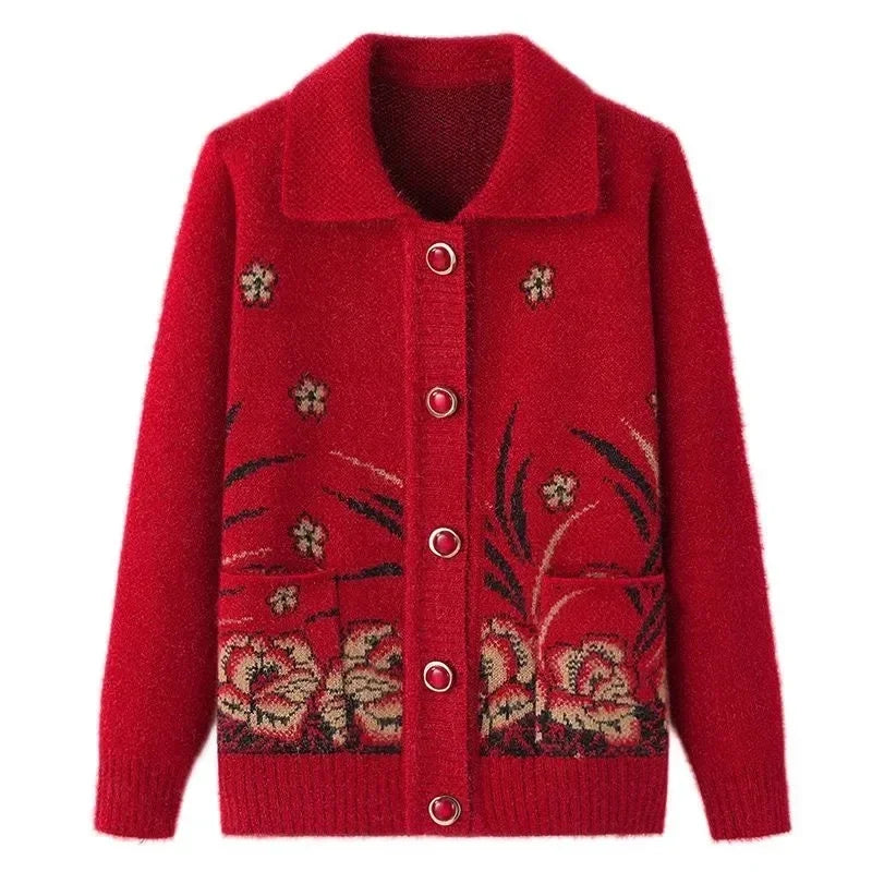 Mittelalterliche Mutter Strickjacke Pullover Mäntel Frühling Herbst Damen Langarm Strickwaren Oberteile 60-70 Jahre alte Oma Kleidung KX16