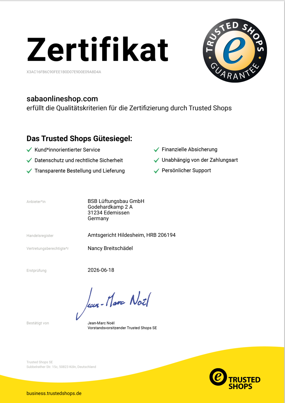 Trusted-Shops-Zertifikat für SABAOnlineshop